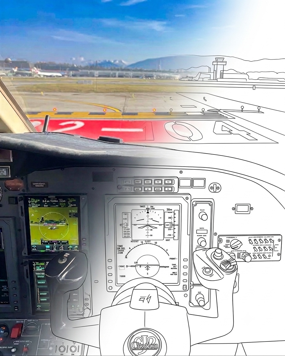 Cabina de aeronave y representación técnica